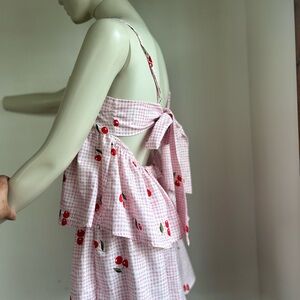 Cherry Print Pink Gingham Tiered Jumpsuit